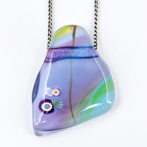 Dichroic Glass Pendant Necklace | Sterling Silver 925 | Colorful Artisan | 16.5" - Picture 4 of 8